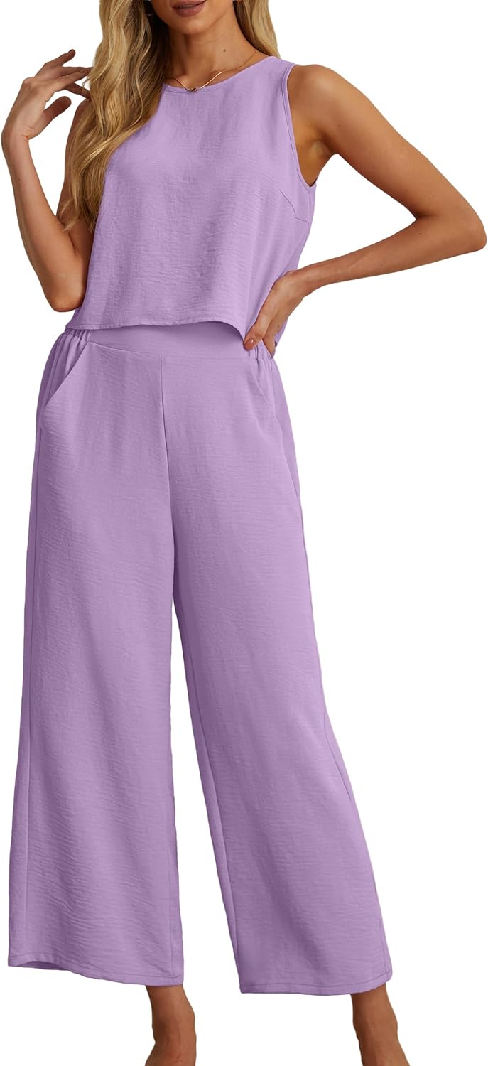 Women's Summer 2 Piece Outfits Set Round neck Sleeveless Tank Crop Top Wide Leg pants Set Pockets Jumpsuits