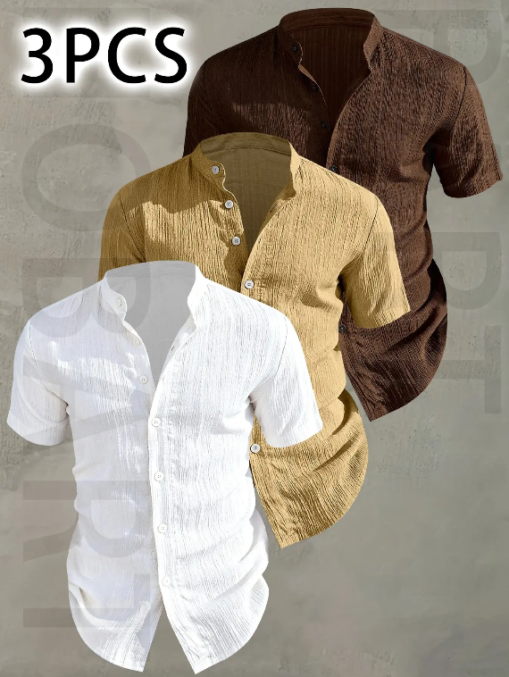 Men's Summer Short Sleeve Shirt - Lightweight Breathable Solid Color Button-Up Casual Shirt