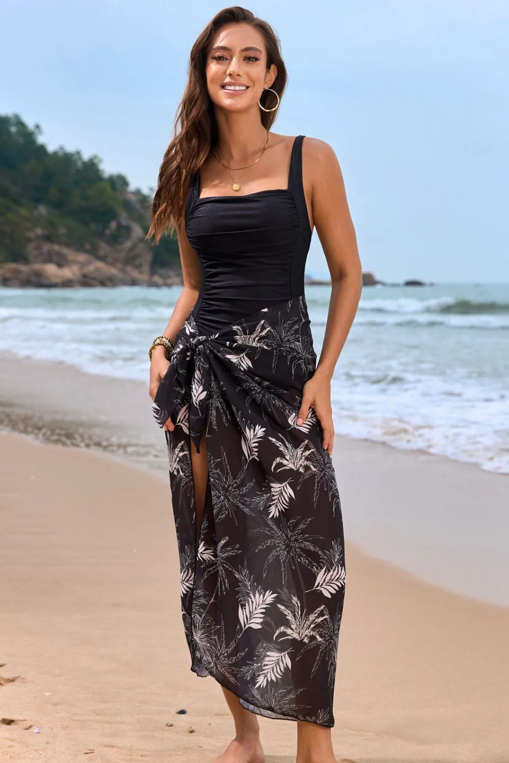 Square Neck Printed One-Piece Swimwear and Cover Up Swim Set (multiple color options)