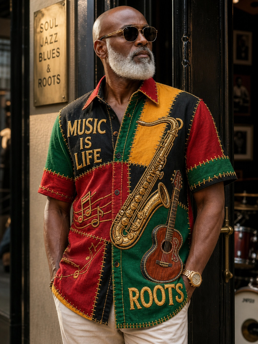 Men's Music Is Life Saxophone Guitar Patchwork Colorblock Art Print Casual Shirt