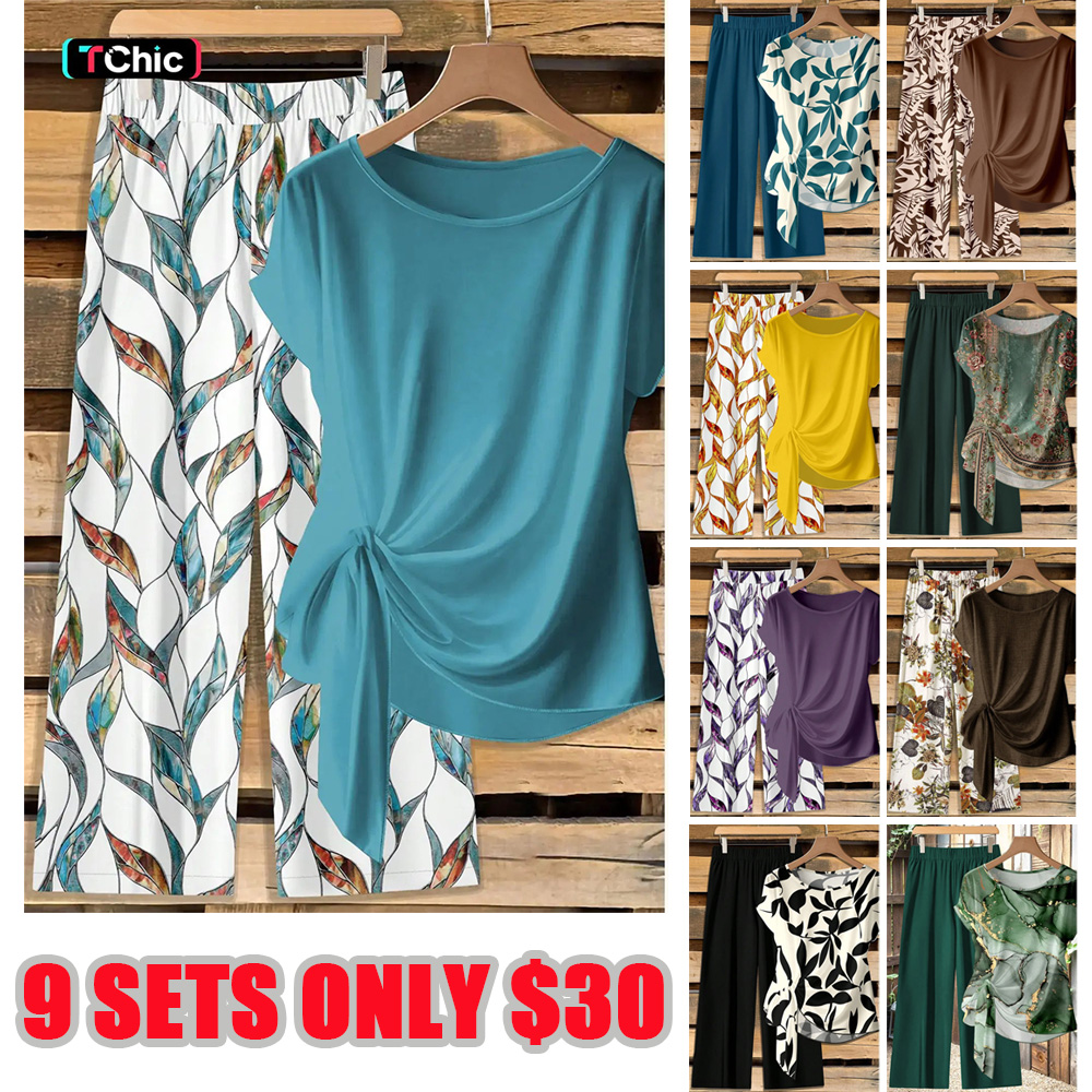 Women's Casual Printed Necktie Shirt and Loose Straight Pants Set