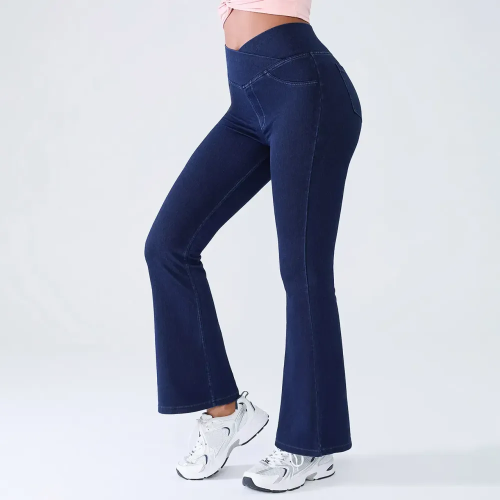 High Waisted Bootcut Flare Denim Jeans for Women - Crossover Waist & Illusion Pocket Design