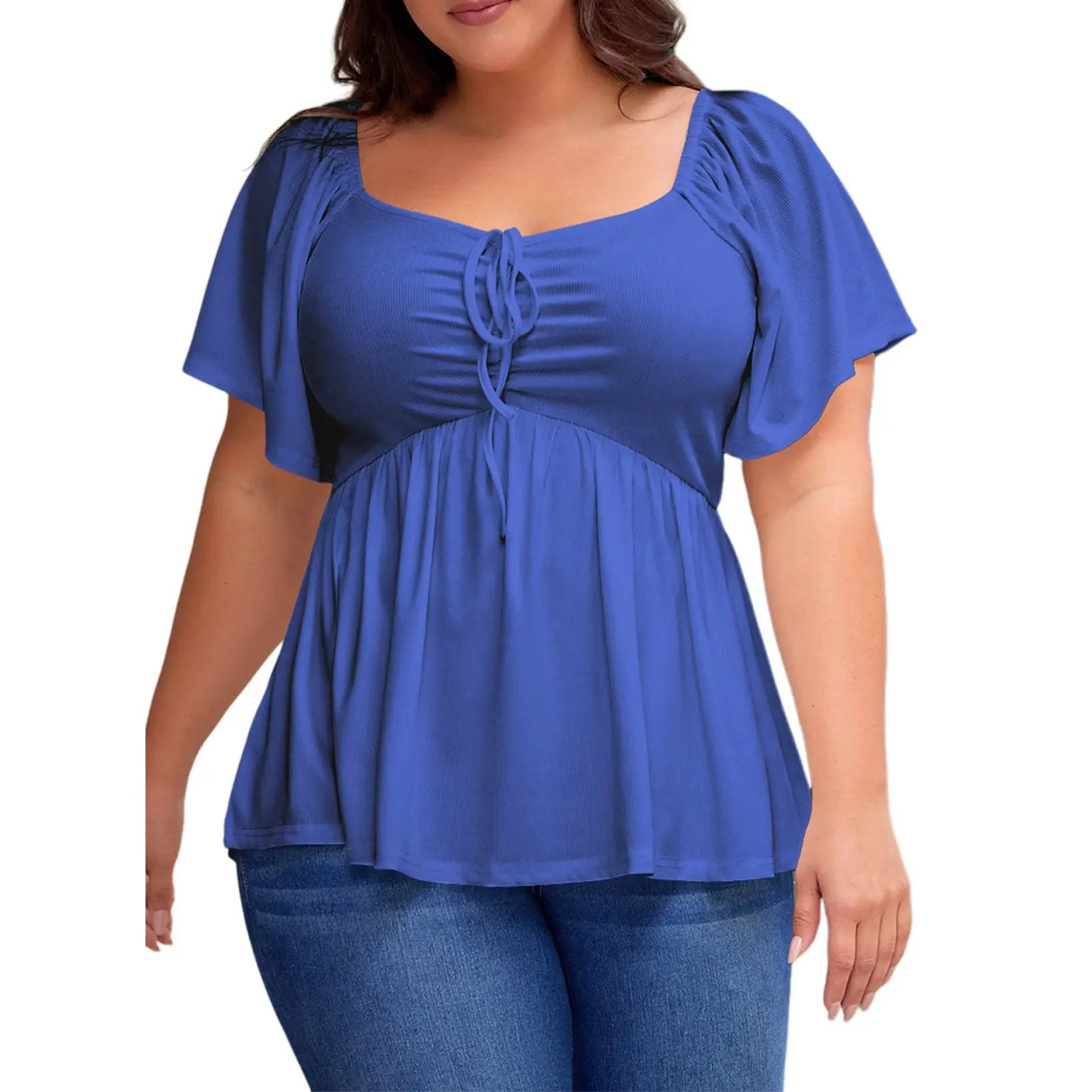 Women Sweetheart Neck Short Sleeve Shirred Peplum Rib Blouse Tops Shirts