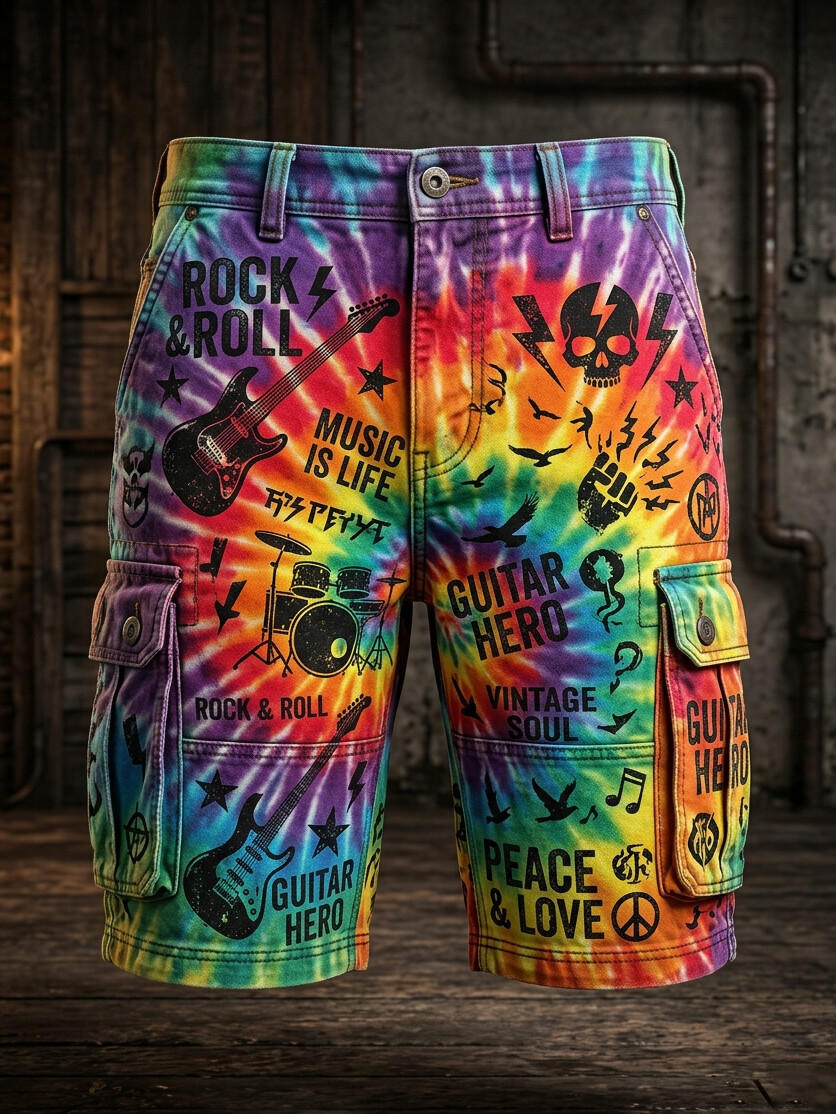 Men's Rainbow Tie‐Dye Rock And Roll Music Skull Guitar Art Print Casual Shorts