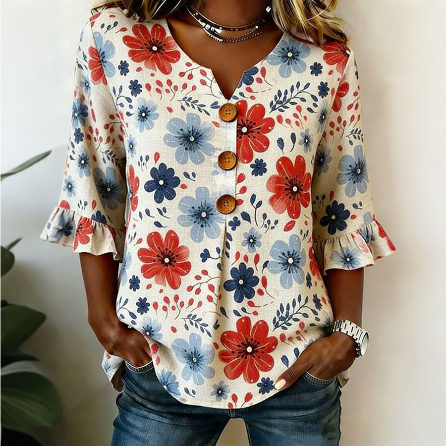 Women's Independence Day 250th Anniversary Commemorative Flag Flower Art Retro Printed Casual Top
