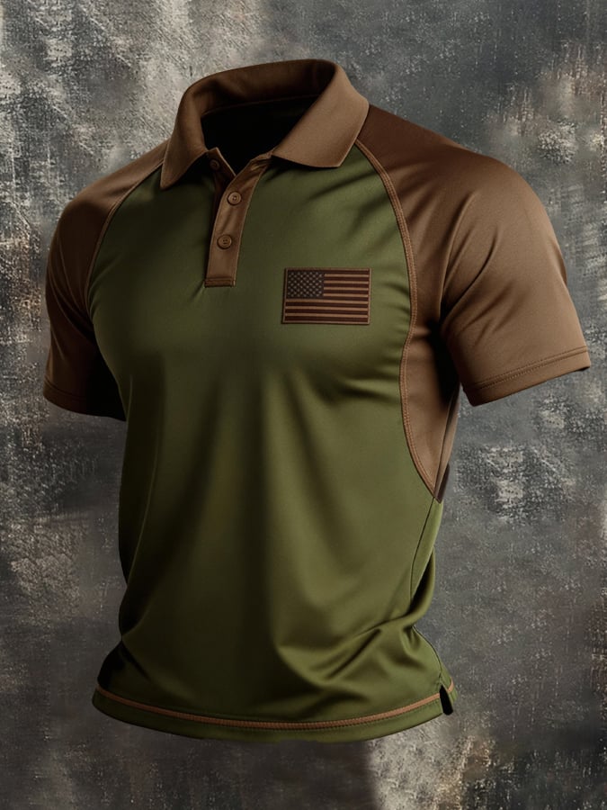 Men's Retro Patriot Color Block Polo Collar Short Sleeve