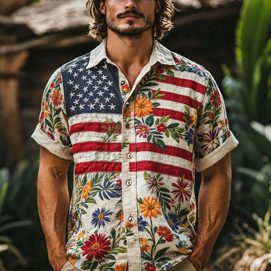 America 250th Anniversary Distressed Gradient Short Sleeve Button Up Shirt