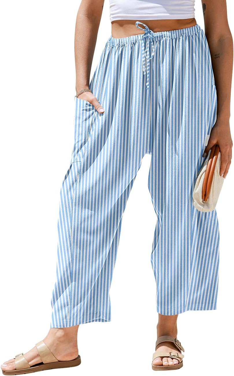 Womens Linen Wide Leg Striped Pants Casual Barrel Loose Drawstring Low Waist Palazzo Harem Pants with Pockets