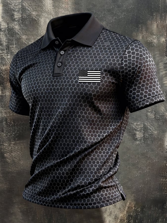 Men's Retro Patriot Color Block Polo Collar Short Sleeve
