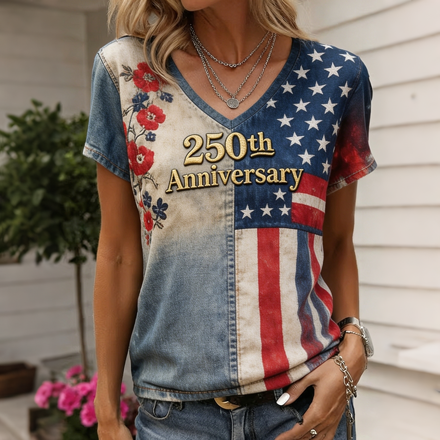 Women's 250th Anniversary Floral Embroidered American Flag V-Neck T-Shirt