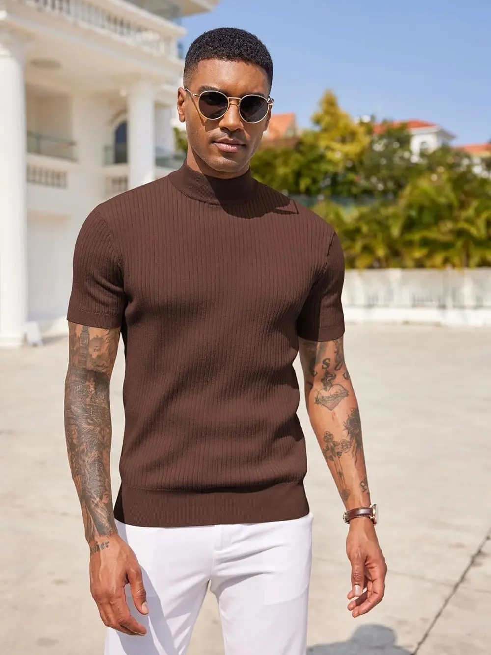 Men's Ribbed Mock Neck Short Sleeve Sweater – Casual Knit Pullover Tee