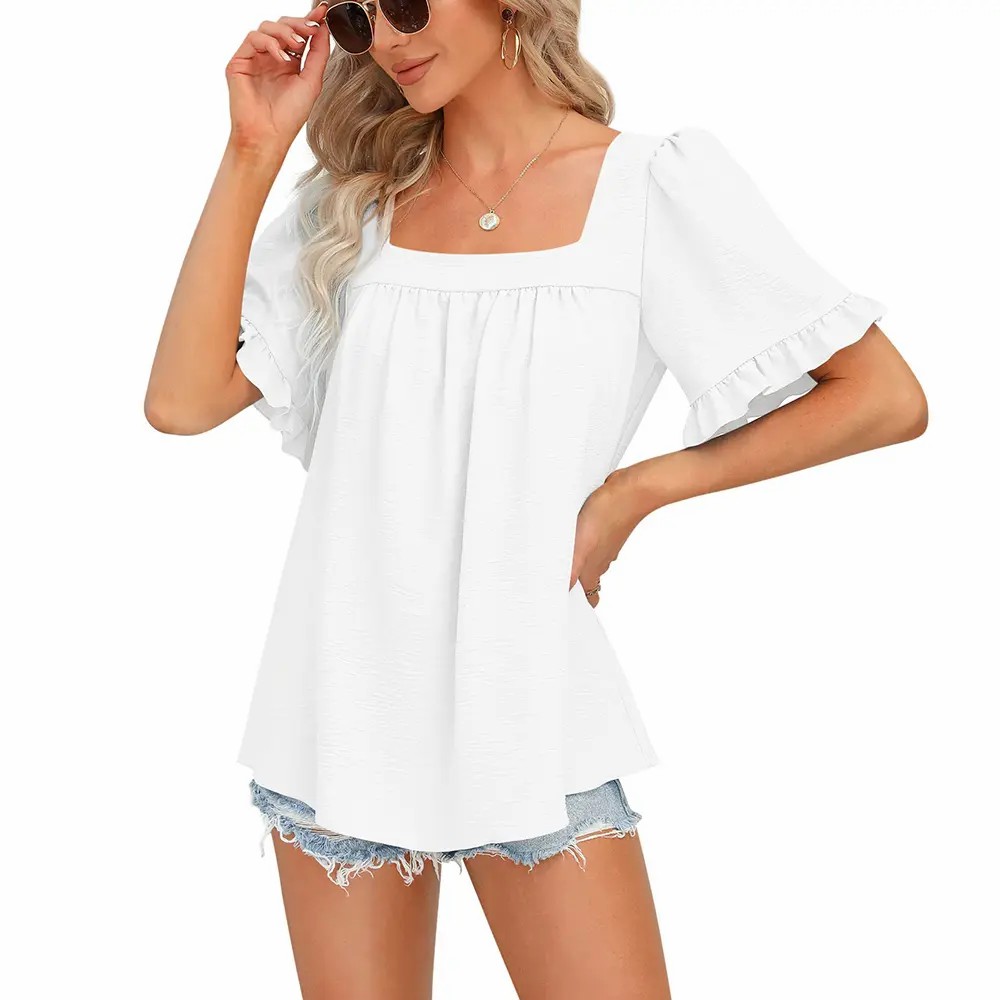Coquette Blouse | Women's Square Neck Peplum Top with Whimsical Ruffle Sleeves
