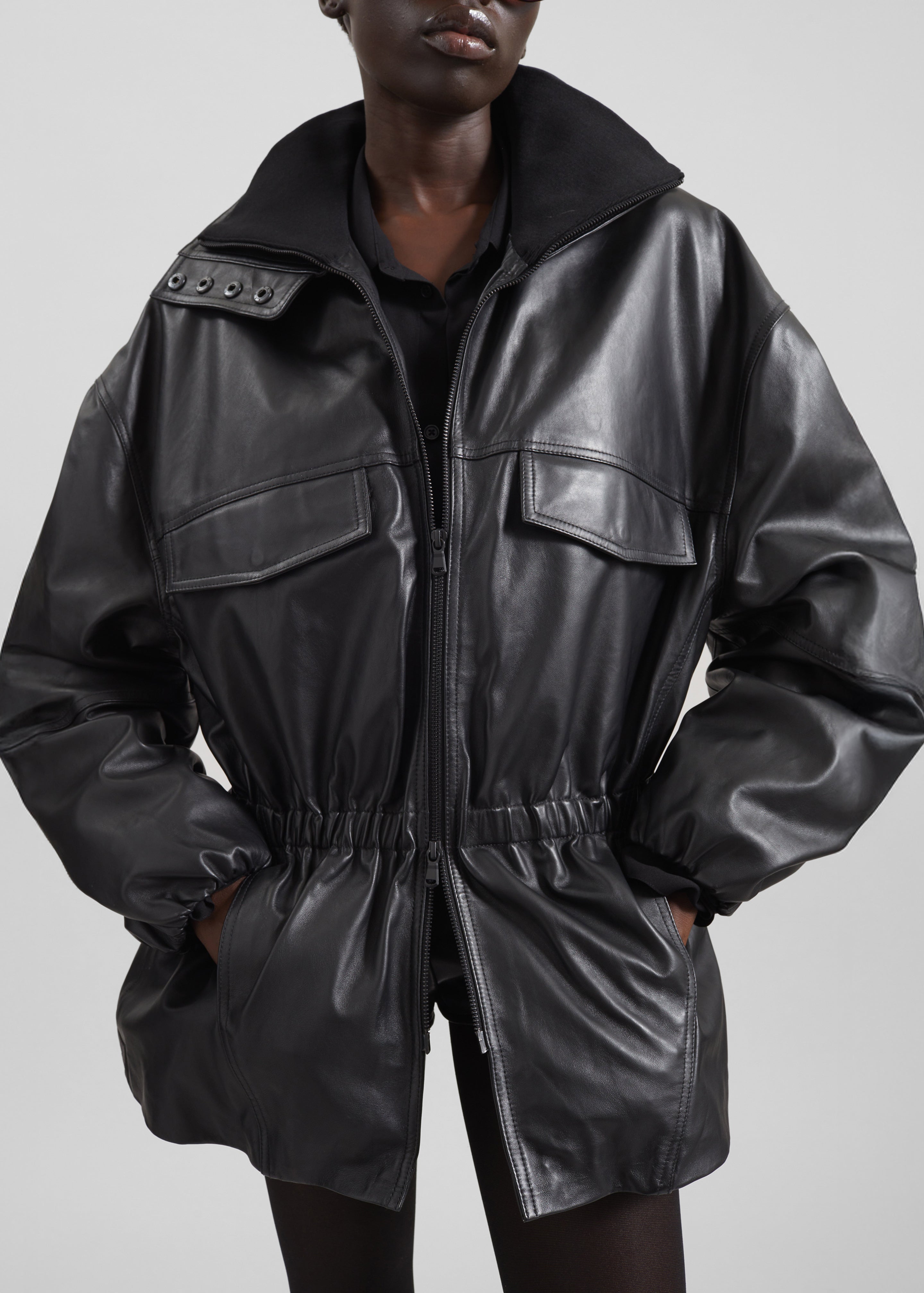 Carnaby Funnel Neck Leather Jacket - Black