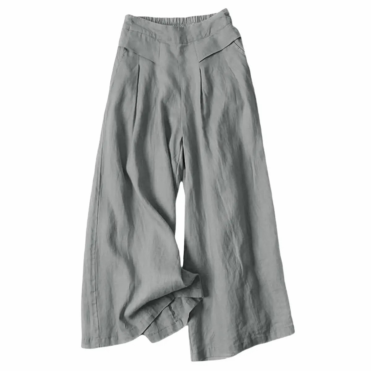 Women's Cotton Linen Wide Leg Culottes – Elastic Waist, Pockets, Minimalist Casual Capri Pants