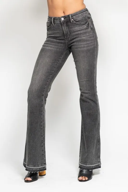 Blue Full Size Midi Rise Tummy Control Washed Gray Release Hem Flare Jeans Plus Size