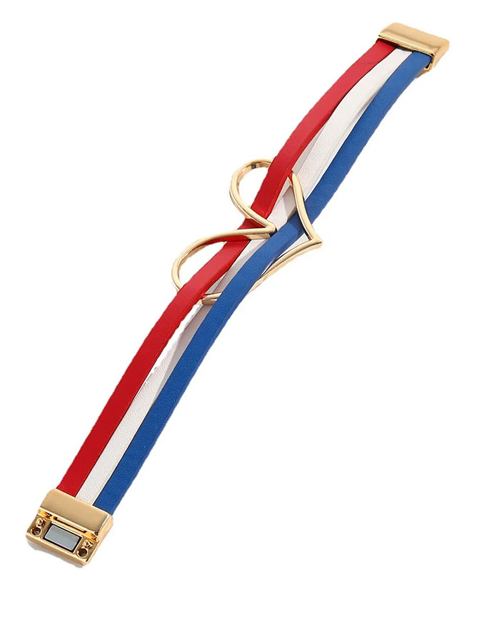 Unisex American Independence Day Flag, Red, White, Blue Color Scheme, Leather, Big Heart Magnetic Buckle Bracelet