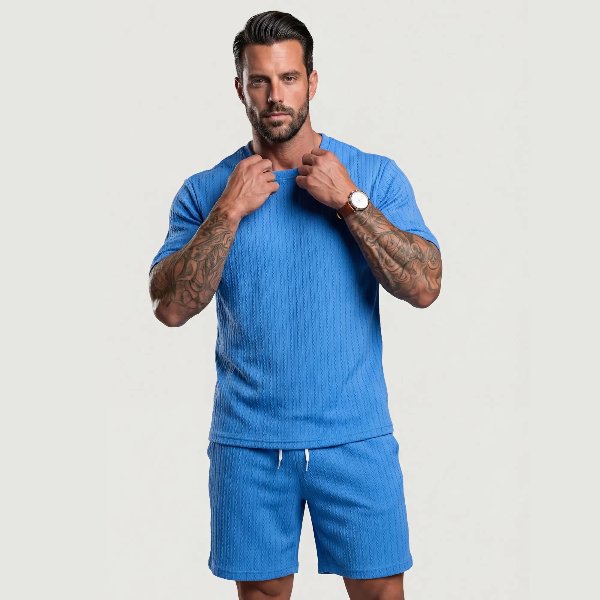 Men's Solid Textured Drop Shoulder Short Sleeve Tee & Drawstring Waist Shorts Set