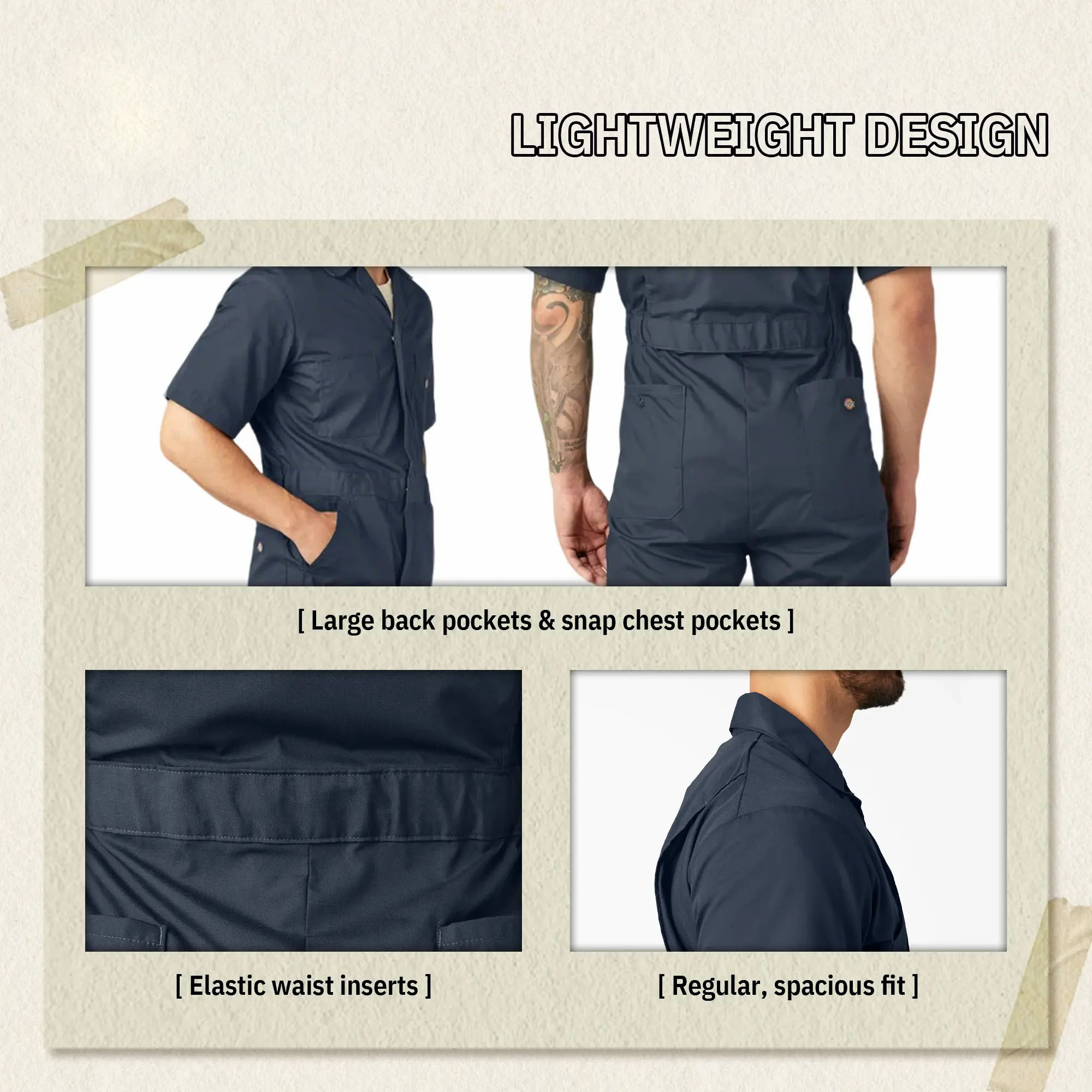 Men's Short Sleeve Coveralls – Lightweight Workwear with Elastic Waist & Wrinkle-Resistant Finish