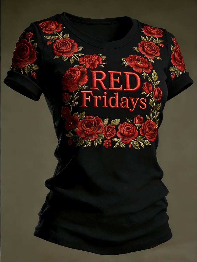 Women's Casual Red Friday Print Short-Sleeve T-Shirt