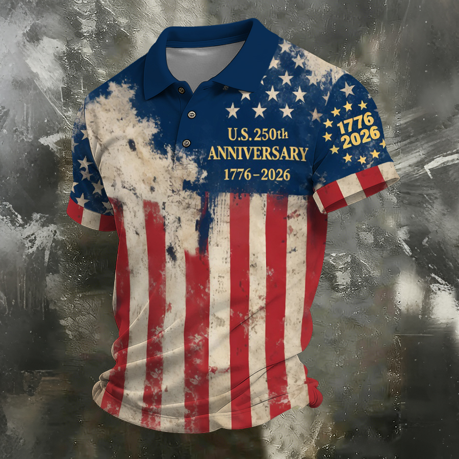Men'S Independence Day Retro Casual Printed Polo Shirt Short Sleeve