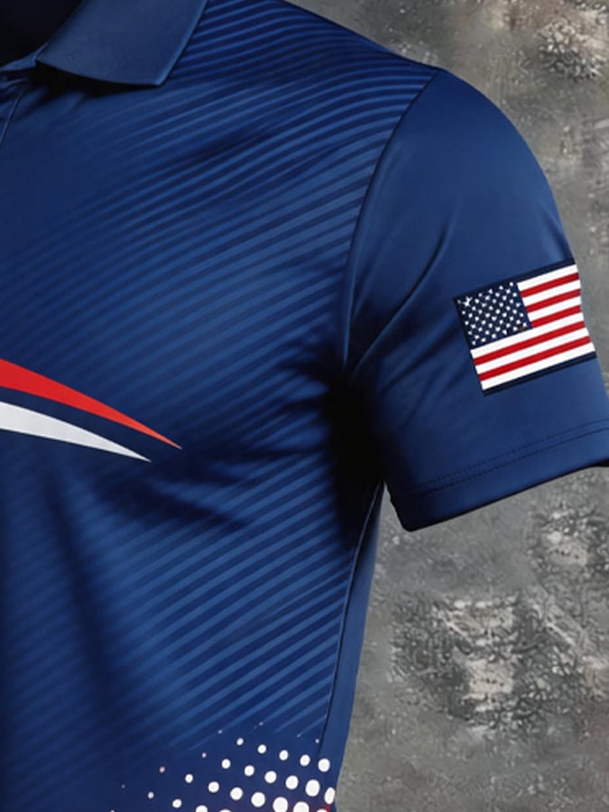 Men's Retro Patriotic Color-Block Short-Sleeve Polo Shirt