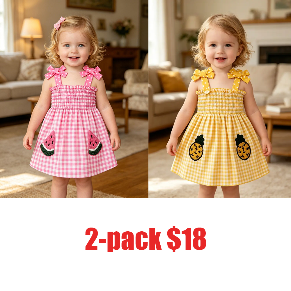 🌞 Cute & Sweet Summer Set for Girls! Plaid & Fruit Prints, Bow Shoulder Straps, 4-Piece Versatile Kids' Outfit for Summer Fun! 👗🍉