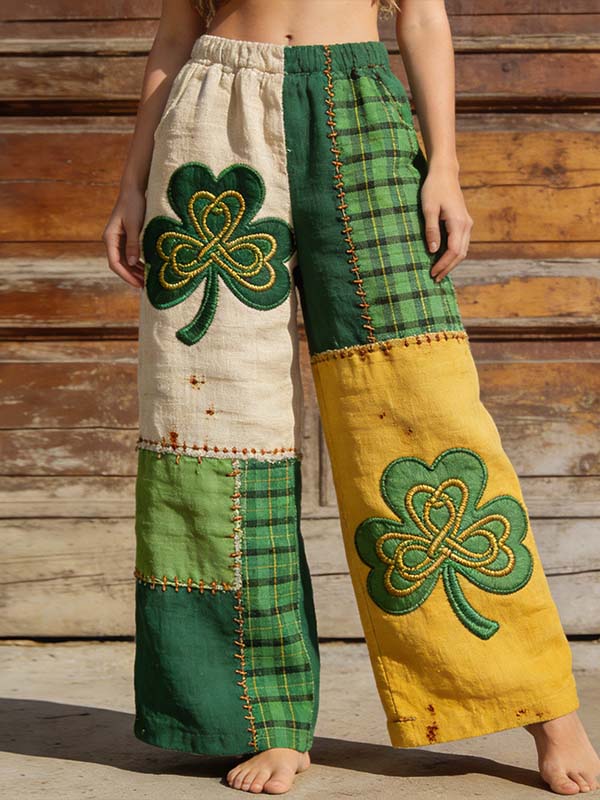Women's St. Patrick's Day Shamrock Plaid Patchwork Print Casual Pants