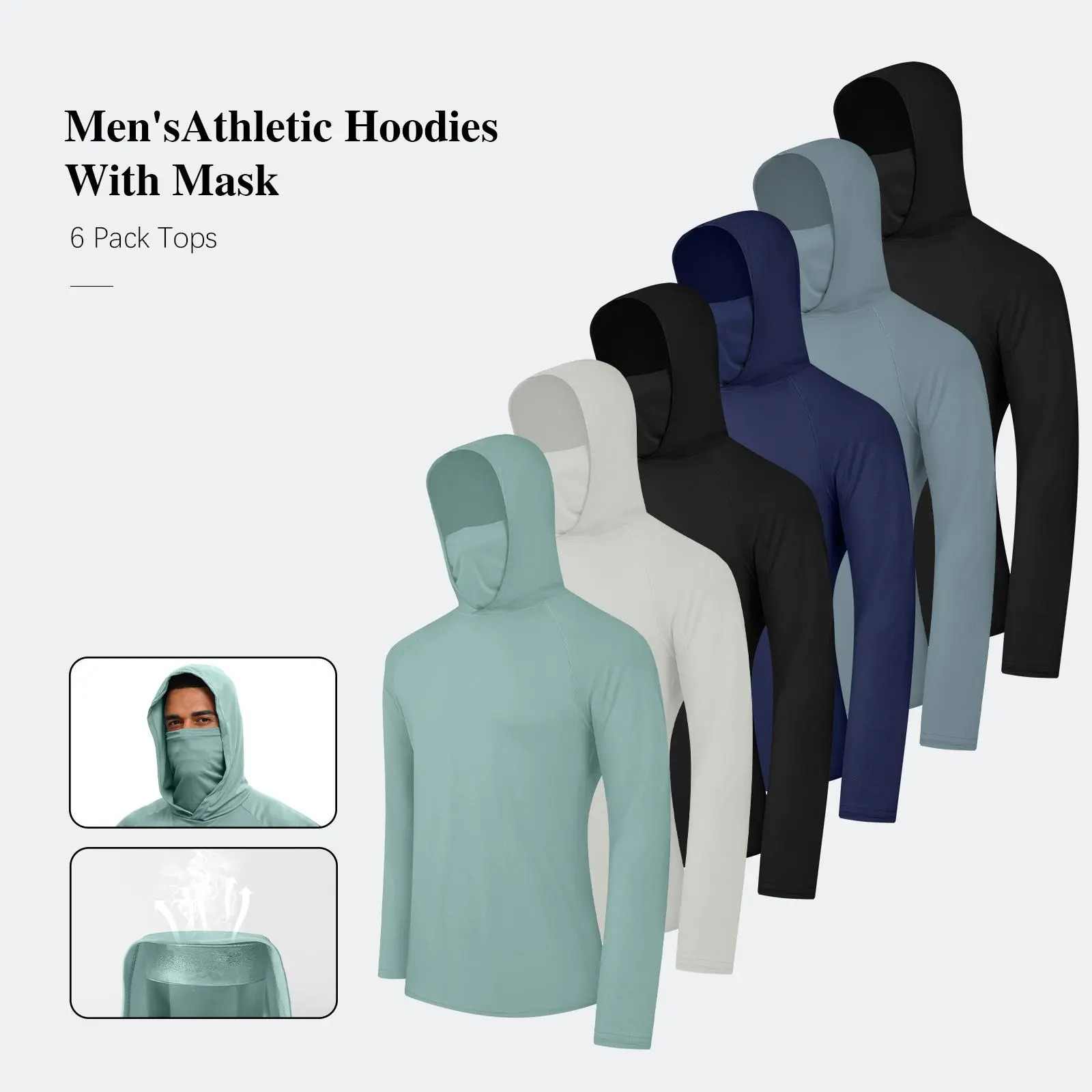 Men's 6 Pack UV Sun Protection Hoodie | Rash Guard with Face Mask