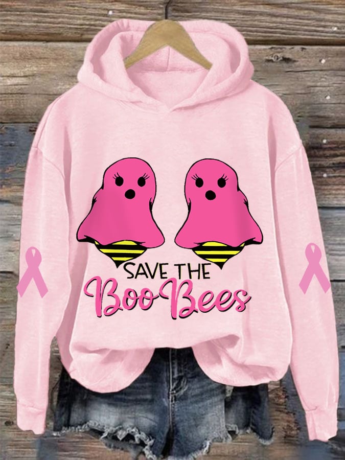 Women's Pink Halloween Ghost Save The Boo Bees Breast Cancer Awareness Warrior Hoodie