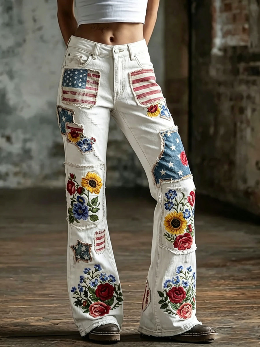 Women'S Retro Flower 250Th Anniversary Commemorative Casual Jeans