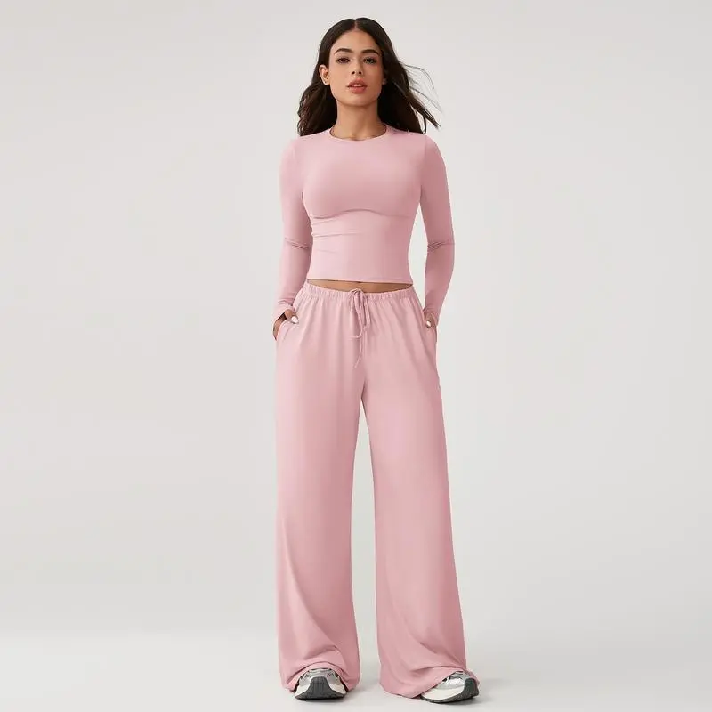 Women's 2-Piece Long-Sleeve Top & Wide-Leg Pants Activewear Set