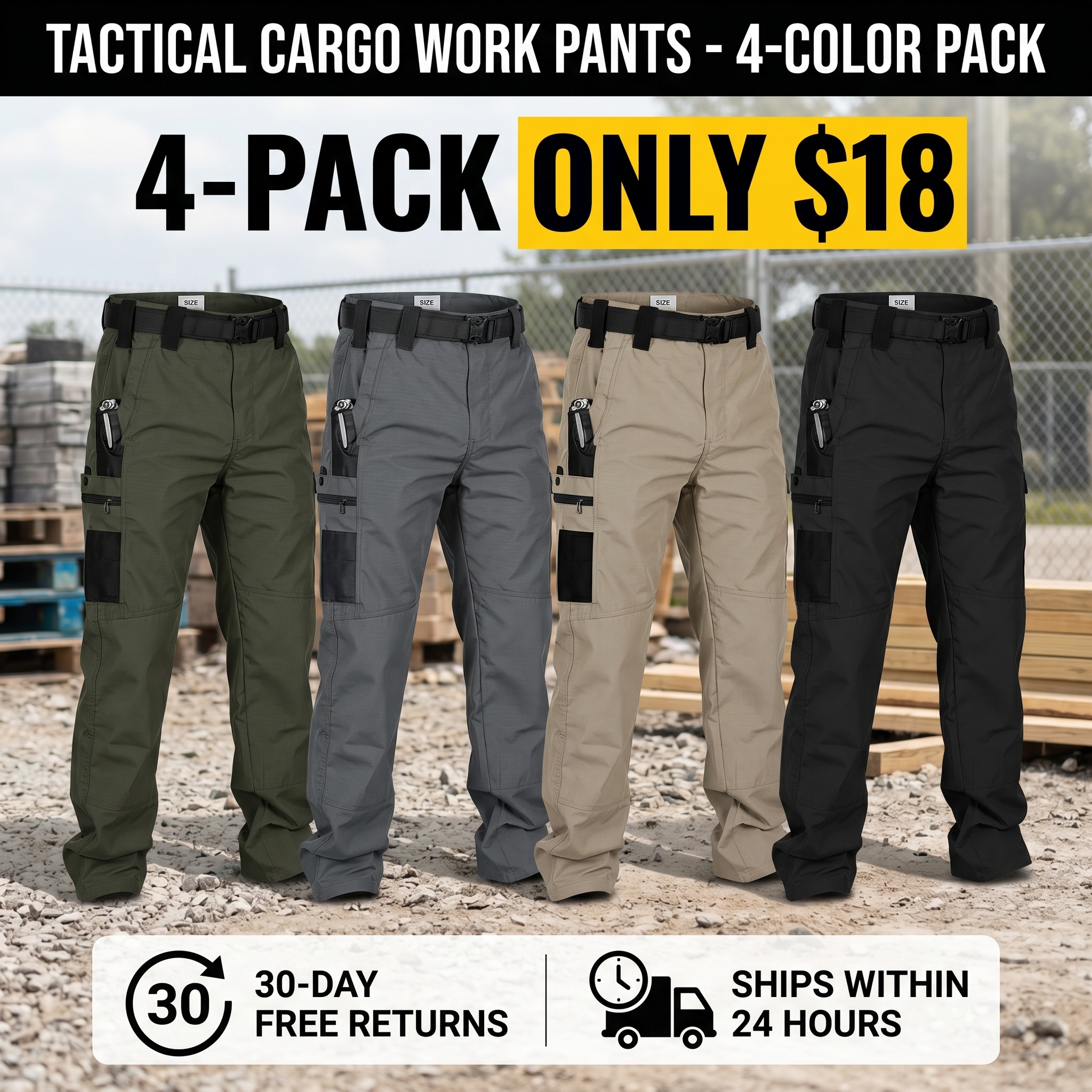 Men's Solid-Color Tactical Cargo Pants—Crafted from a new 230g/m² fabric, featuring multiple pockets and zipper closures.