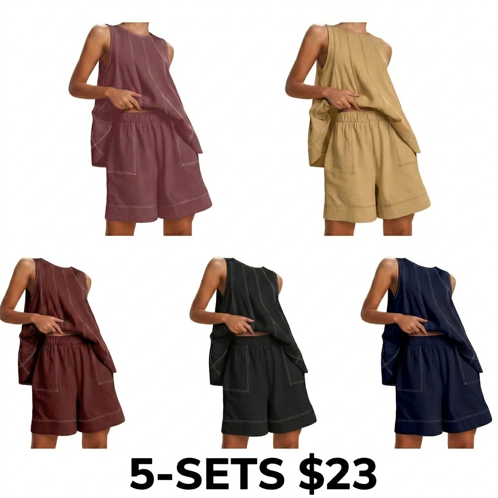 Women's 100% Cotton 2-Piece Set – A-Line Tank Top & High Waist Shorts with Pockets
