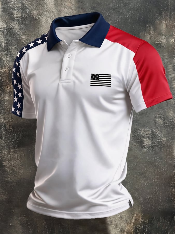 Men's Retro Patriotic Color-Block Short-Sleeve Polo Shirt