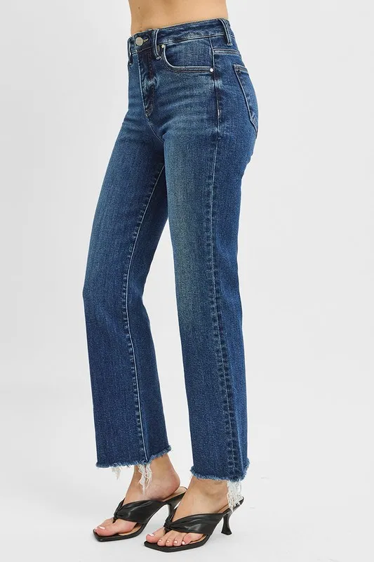 Full Size Tummy Control High Rise Crop Straight Raw Cut Hem Jeans