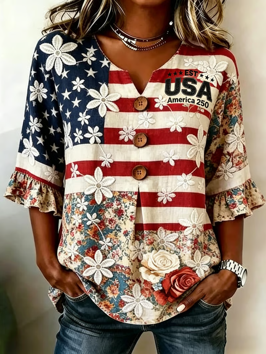 Women'S Casual American 250Th Anniversary Print Top