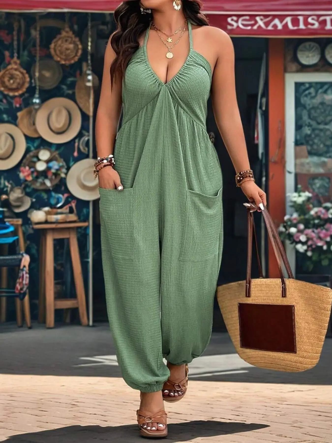 Solid Color Pocket Open Back Jumpsuit, Casual Sleeveless Jumpsuit for Daily Wear