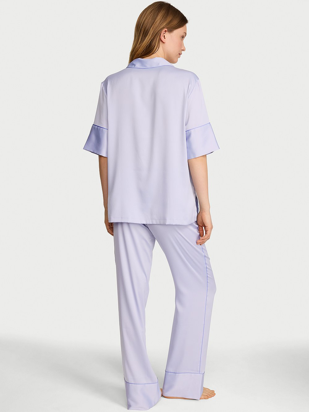 Signature Satin Short-Sleeve Long Pajama Set  Icy Lavender