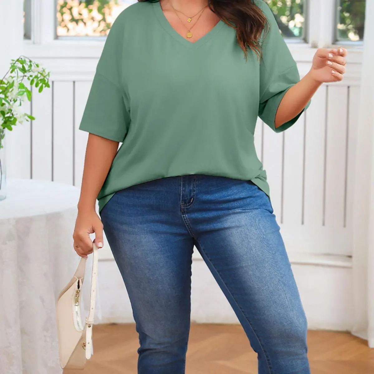 Women's V-Neck Short Sleeve Tunic Top Casual Loose Fit Soft Cotton Summer Tee
