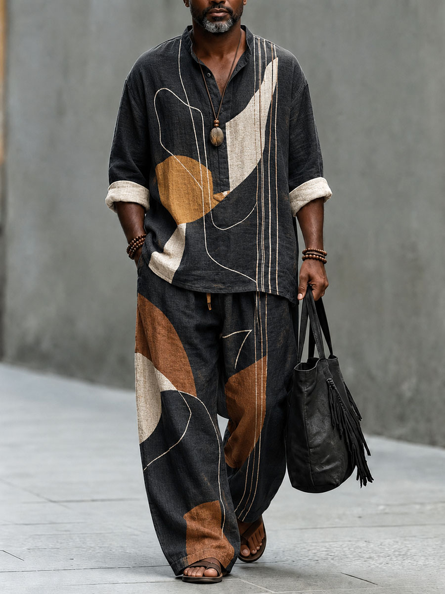 Men’s Abstract Geometric Linen-Look Casual Set – Loose Shirt & Wide-Leg Pants Two-Piece Outfit
