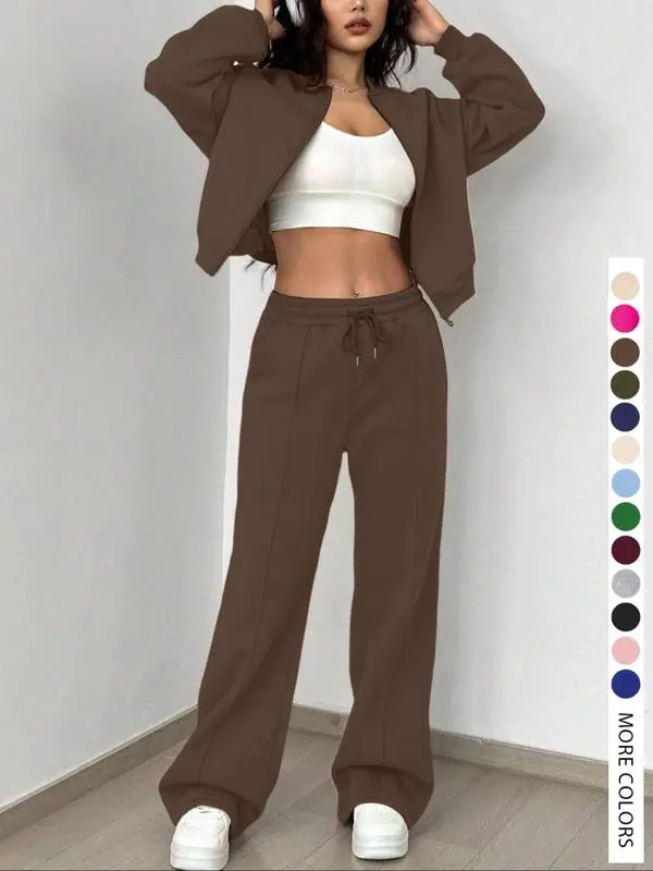 Two-piece Set Women's Solid Zip Up Drop Shoulder Jacket & Pocket Elastic Waist Pants