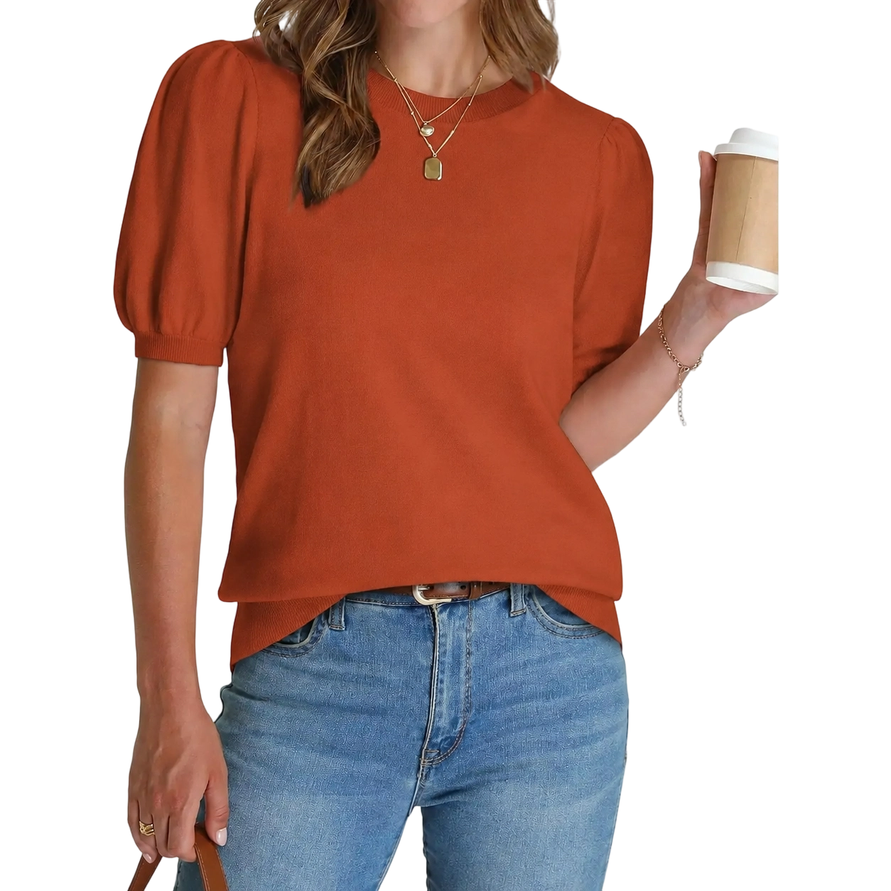 Women's Puff Short Sleeve Lightweight Knit Top Soft Breathable