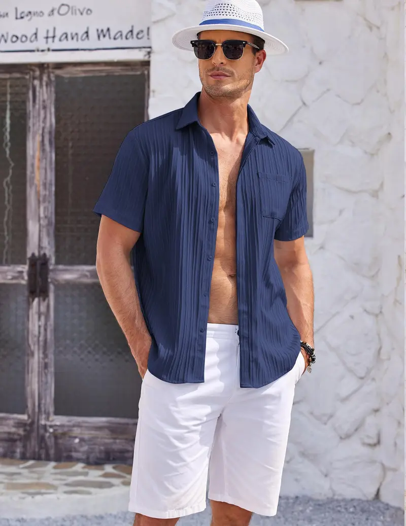 👔 Men’s Navy Textured Short Sleeve Button Down Shirt – Casual Summer Beach Shirt