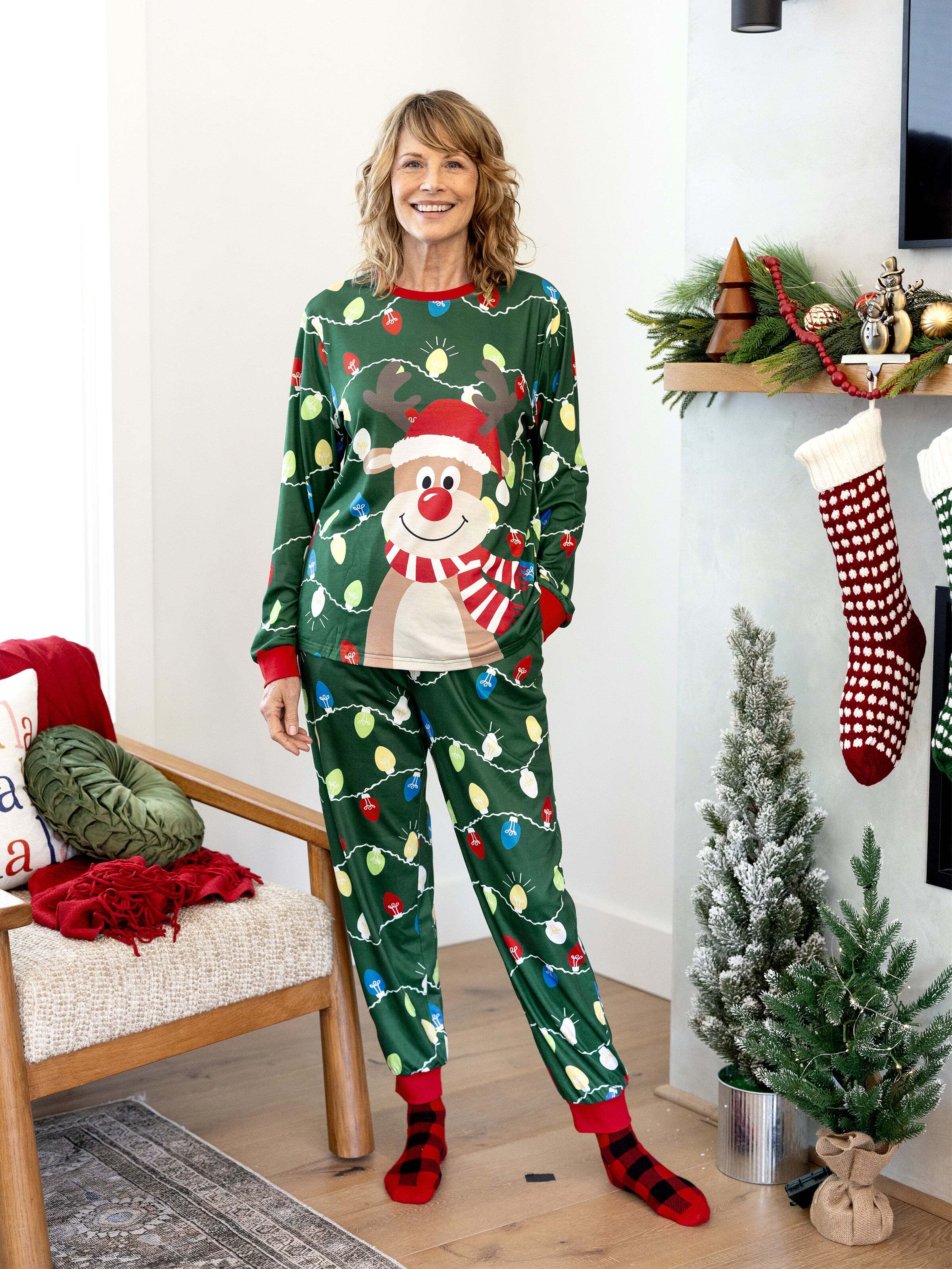 Christmas Matching Family Pajamas Set Reindeer Green Print PJS with Christmas Socks Green