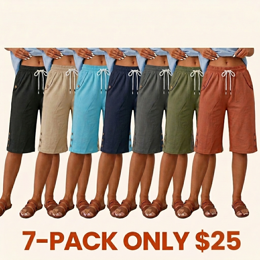 Women's loose-fit Bermuda shorts featuring an elastic waistband with a drawstring.