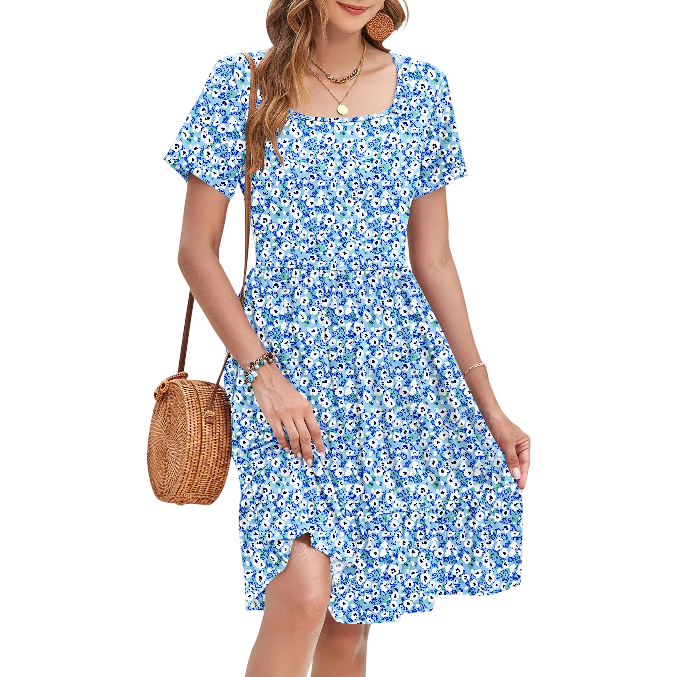 Women Square Neck Ditsy Floral Dress