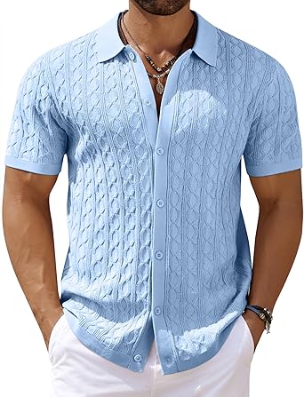 Mens Knit Button Down Shirt Short Sleeve Summer Casual Shirts Vintage Beach Vacation Shirts