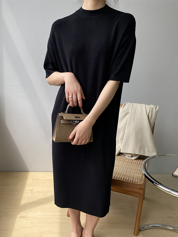 Solid Color Split-Joint Loose Short Sleeves Round-neck Sweater Dresses Midi Dresses