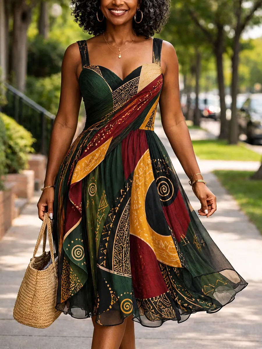 Women’s Ethnic Abstract Totem Colorblock Wide-Strap A-Line Midi Dress