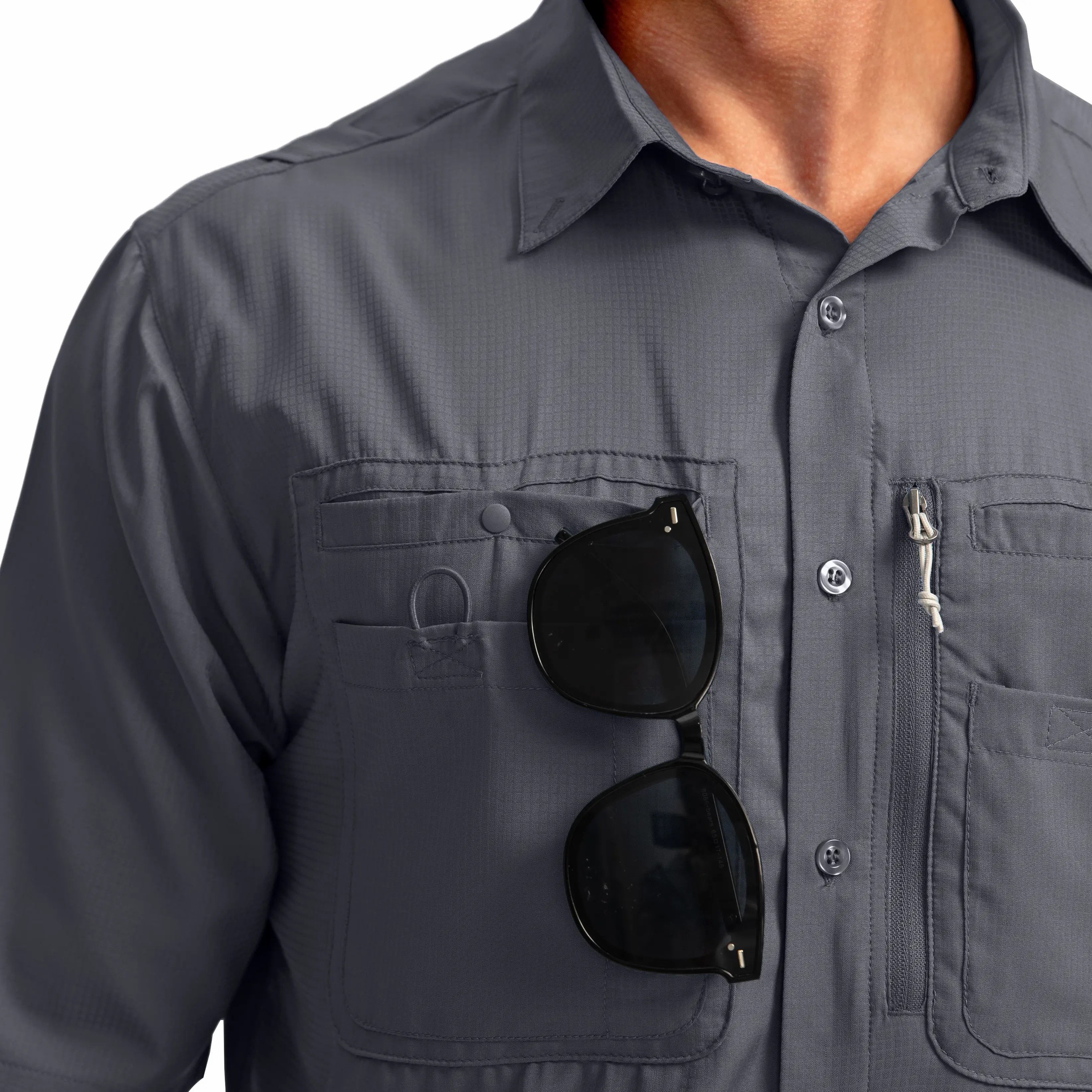 Men's UPF 50+ Fishing Shirt – Lightweight Quick-Dry Short Sleeve Button-Down with Zipper Pockets